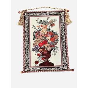 Bombay Company Floral Flowers in Vase Tapestry Wall Hanging W/ Tassel Rope India